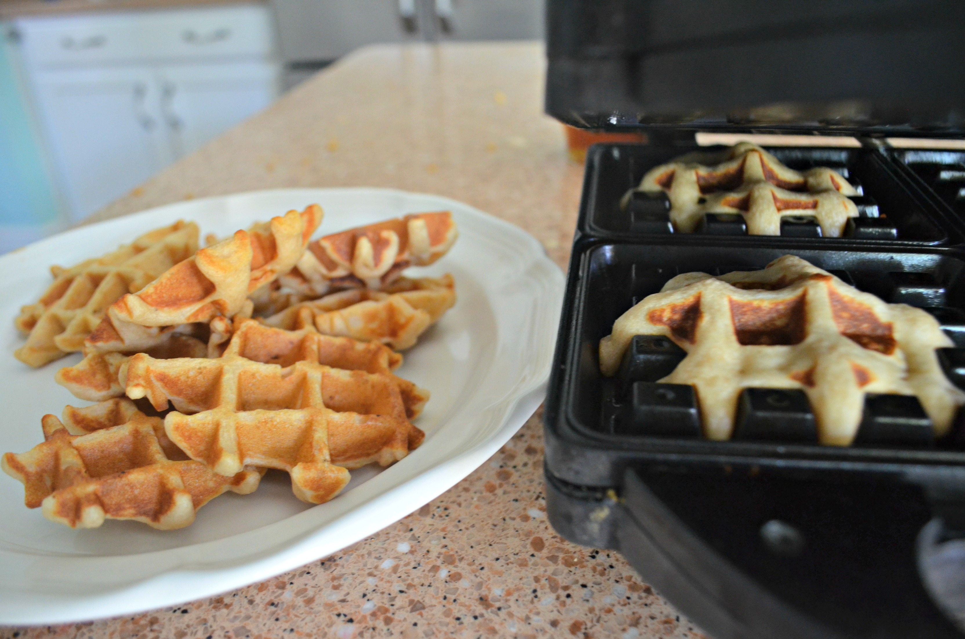 Easy Cornflake Chicken and Mini Waffles - making the mini waffles