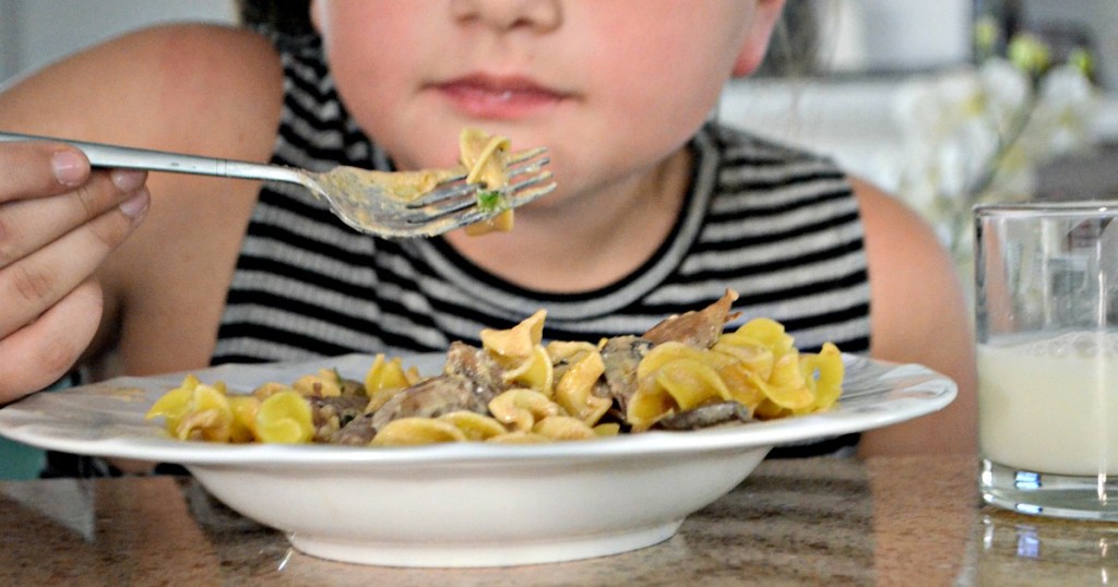 child eating easy beef stroganoff