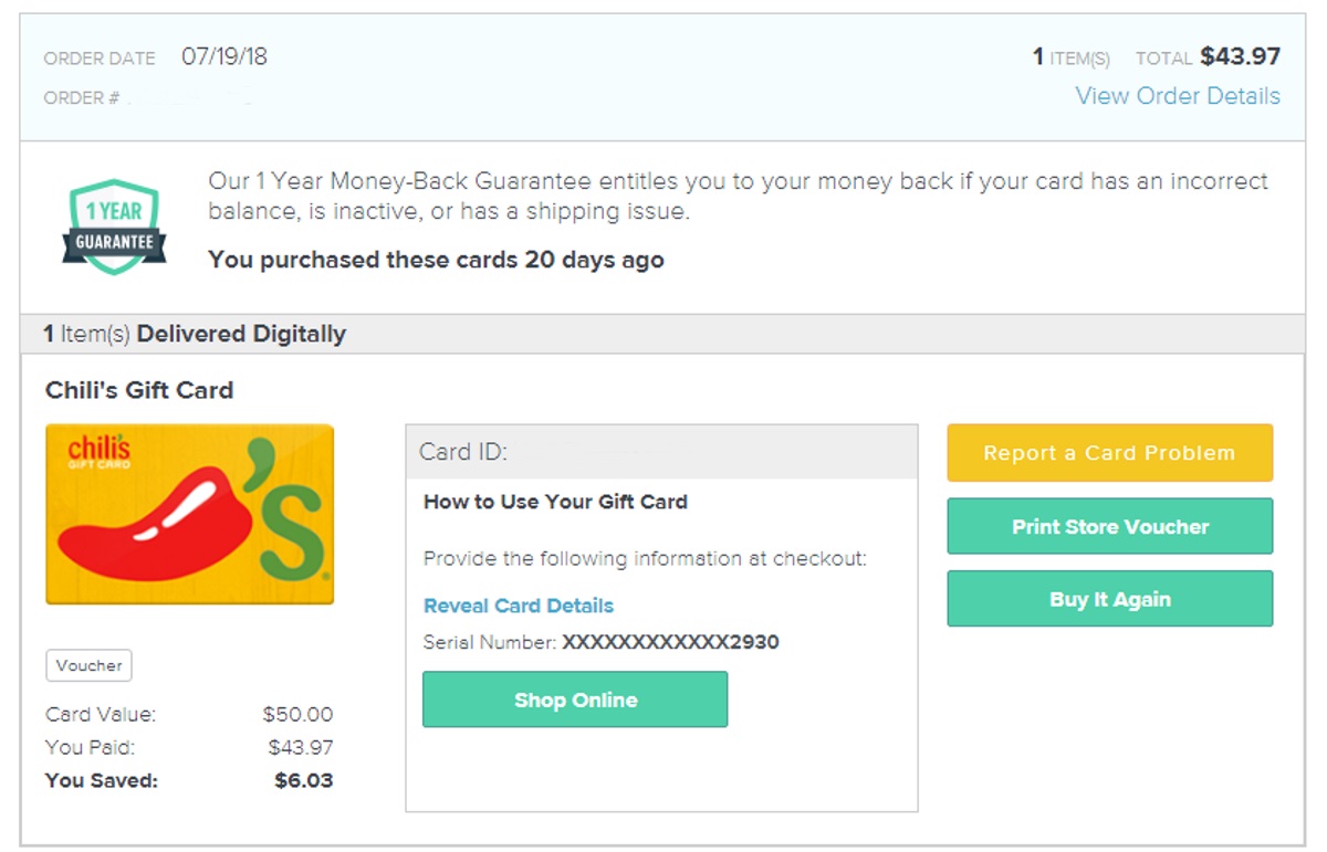 Tips to save money with raise.com gift cards – Chili's gift card example in the purchased orders section of an account