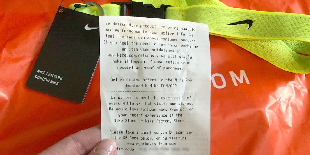 nike receipt with return information