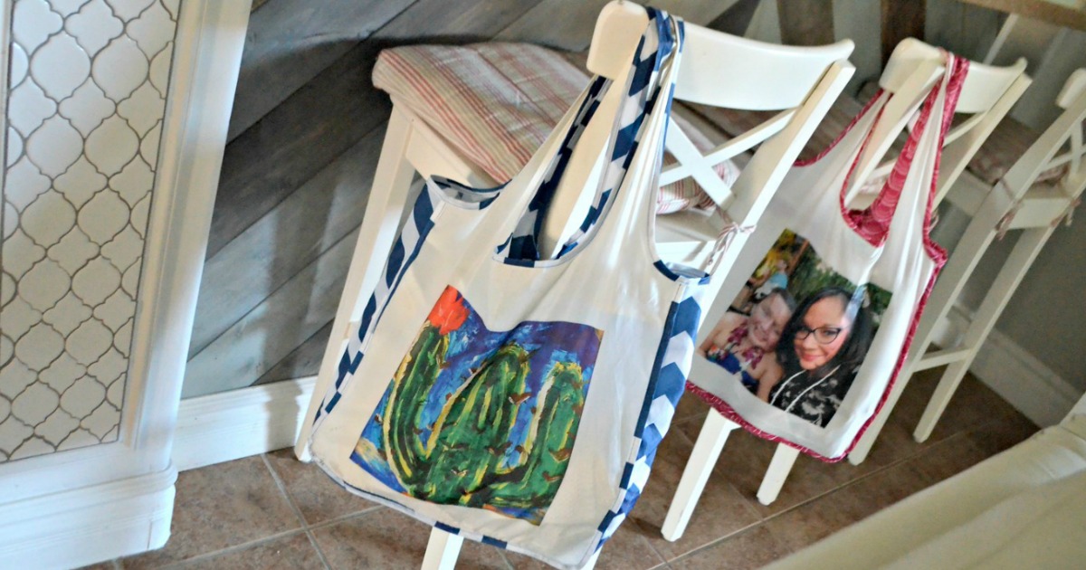 resuable bags hanging on kitchen stools