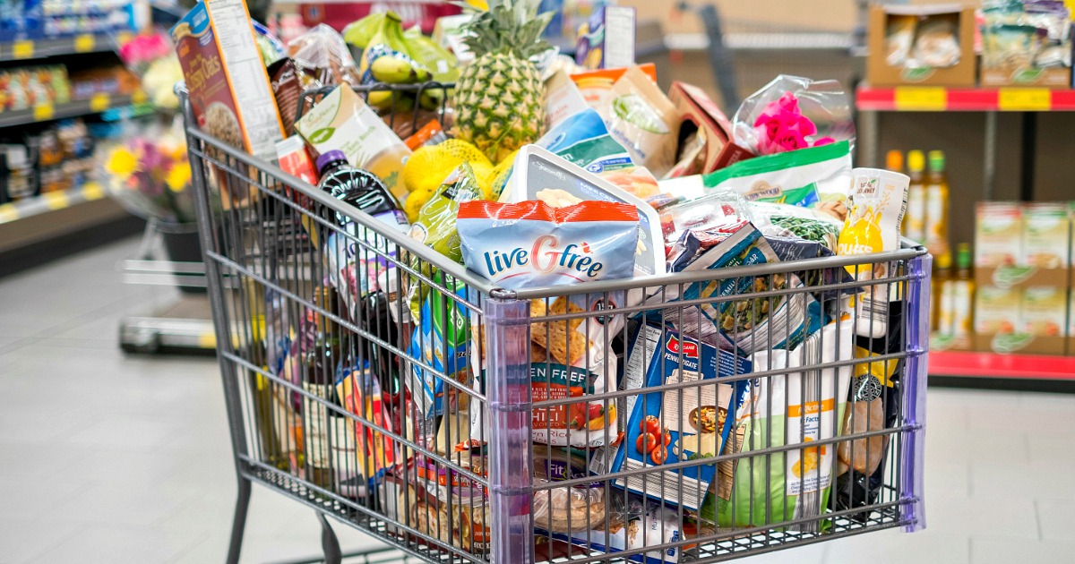 ALDI grocery cart filled with groceries