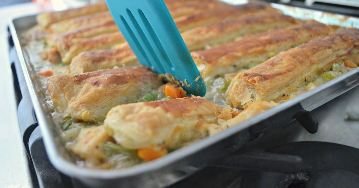 Sheet Pan Chicken Pot Pie - in the pan, ready to be served