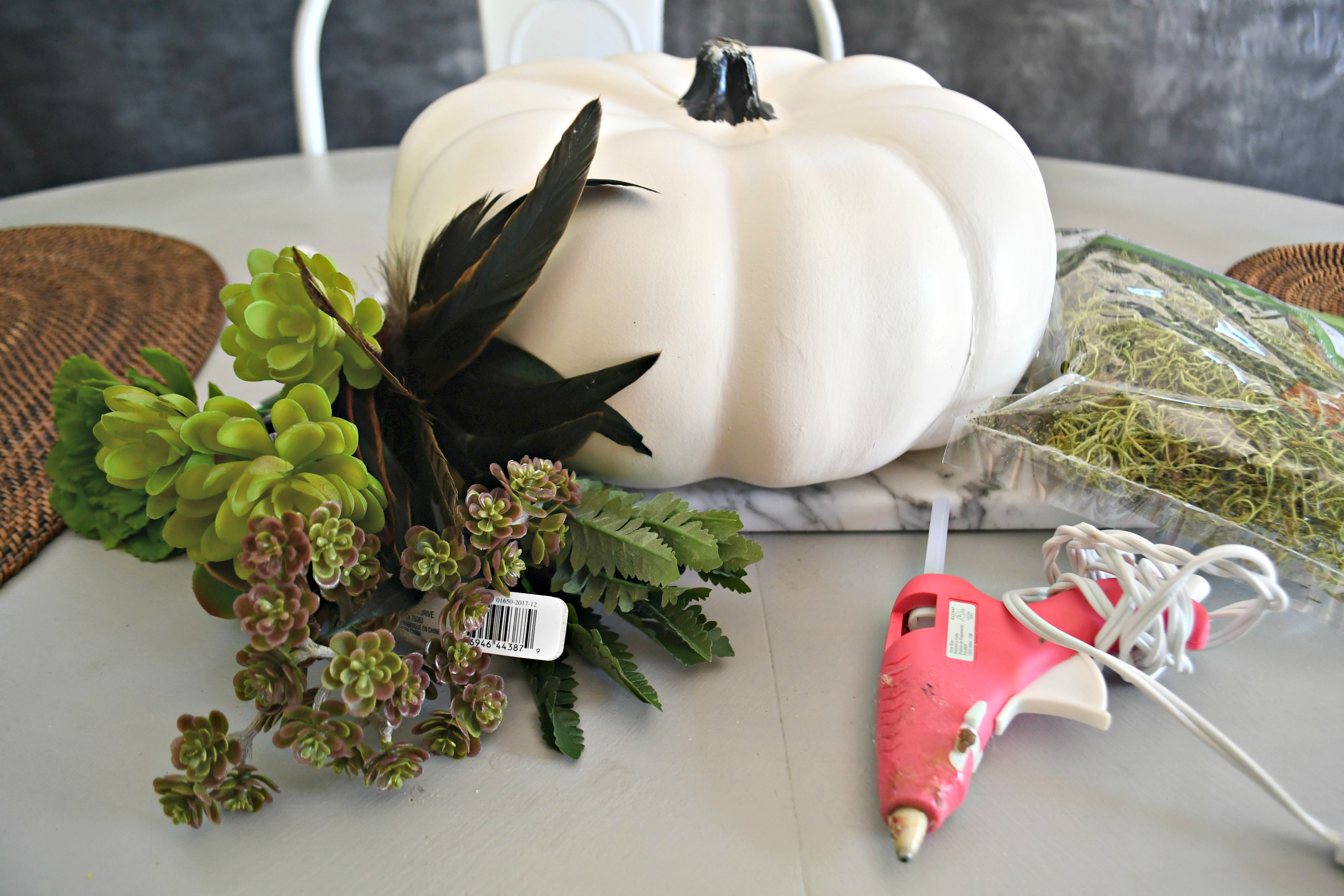 style your fall table with this DIY succulent centerpiece idea - here, the supplies needed for the pumpkin