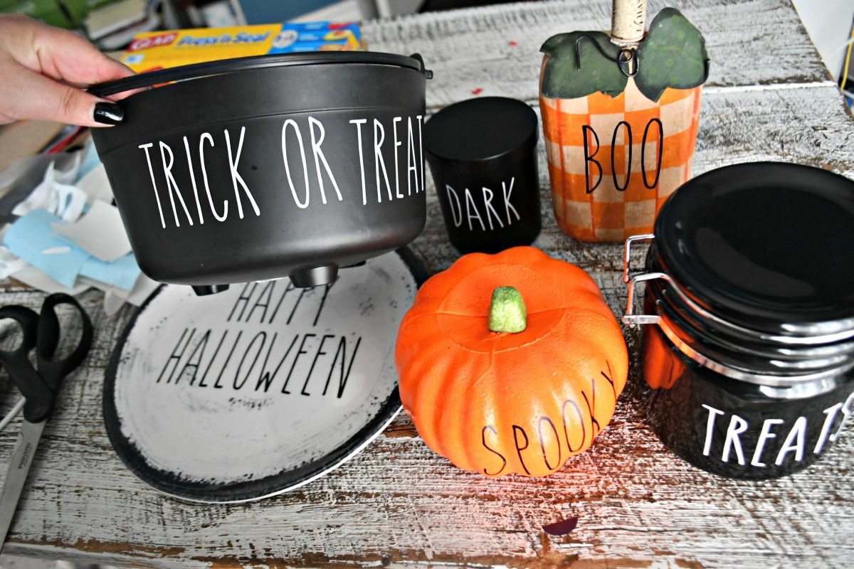 DIY Rae Dunn Inspired Halloween Decorations – Pumpkins, a trick or treat bowl, and a plate