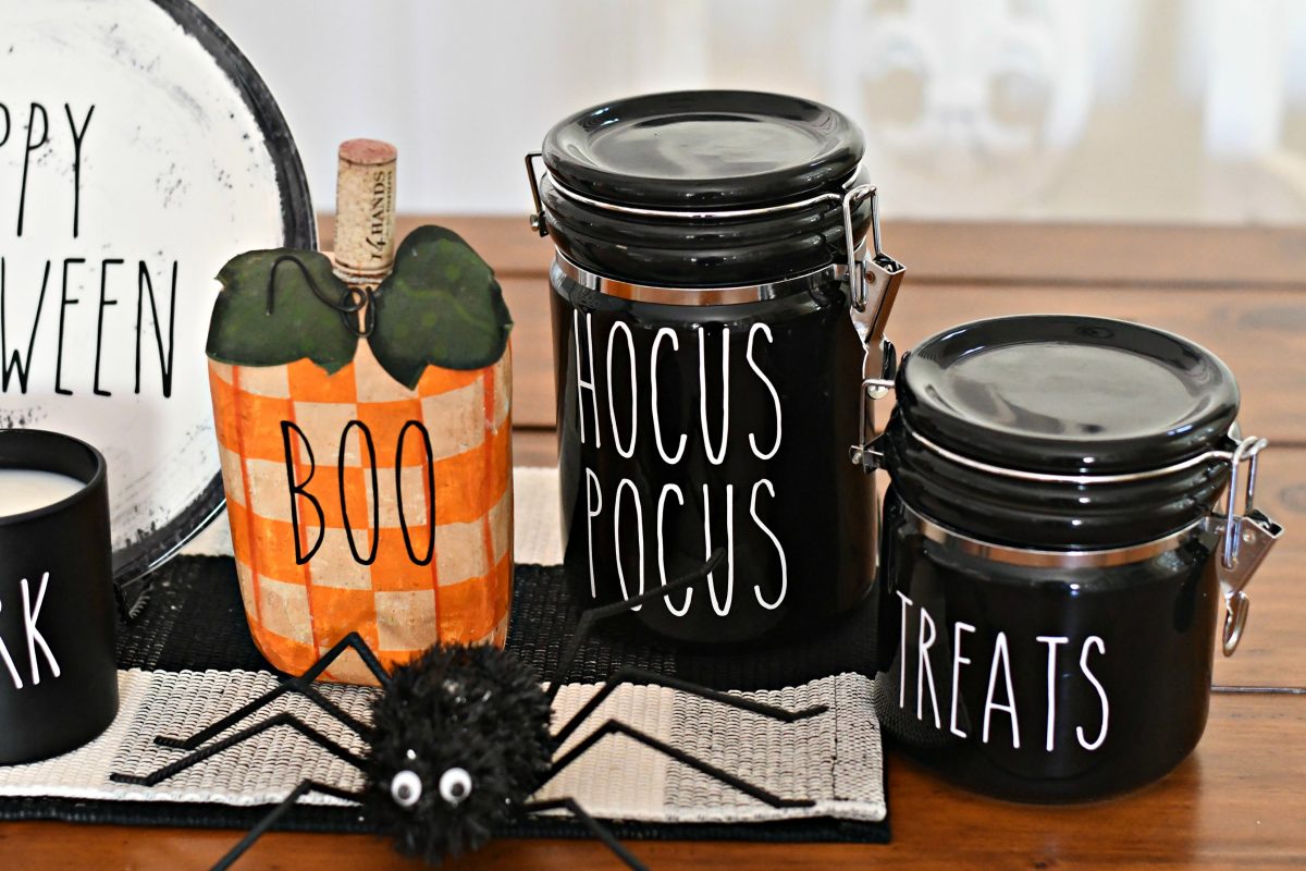 DIY Rae Dunn Inspired Halloween Decor - Goodwill finds with lettering