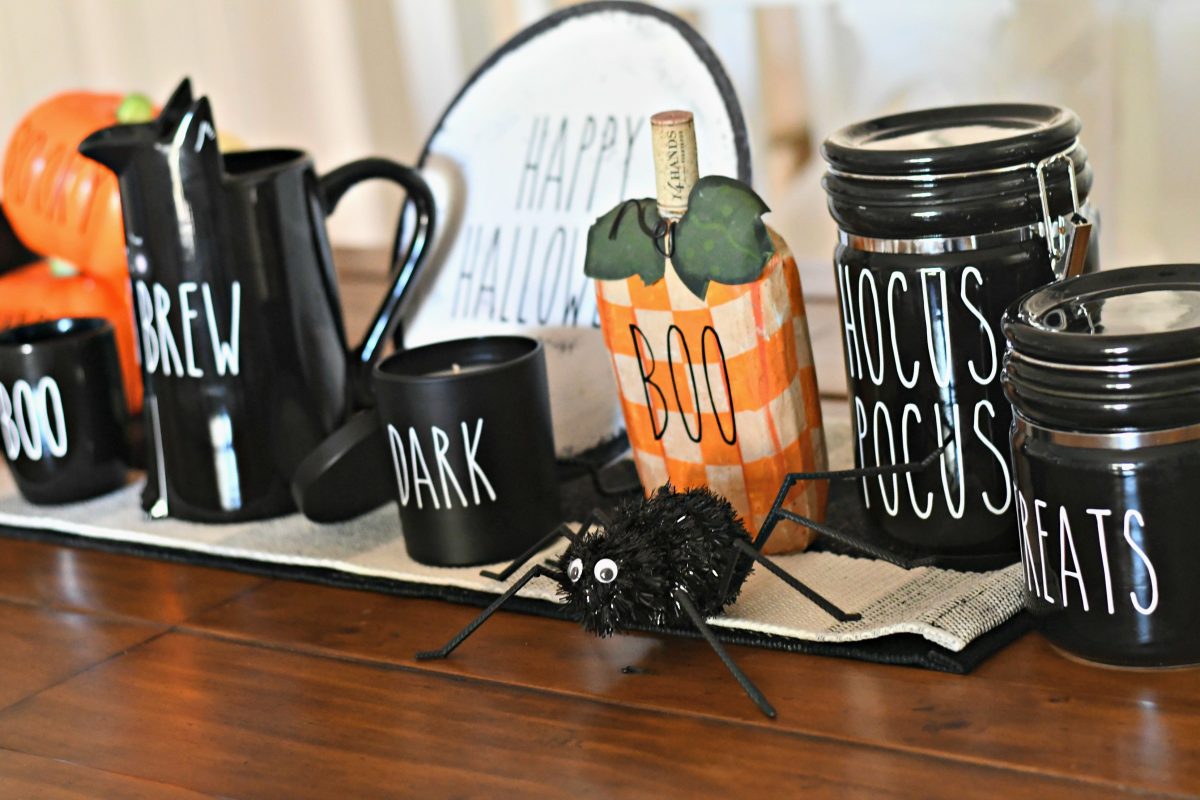 DIY Rae Dunn Inspired Halloween Decor - decorating a table runner