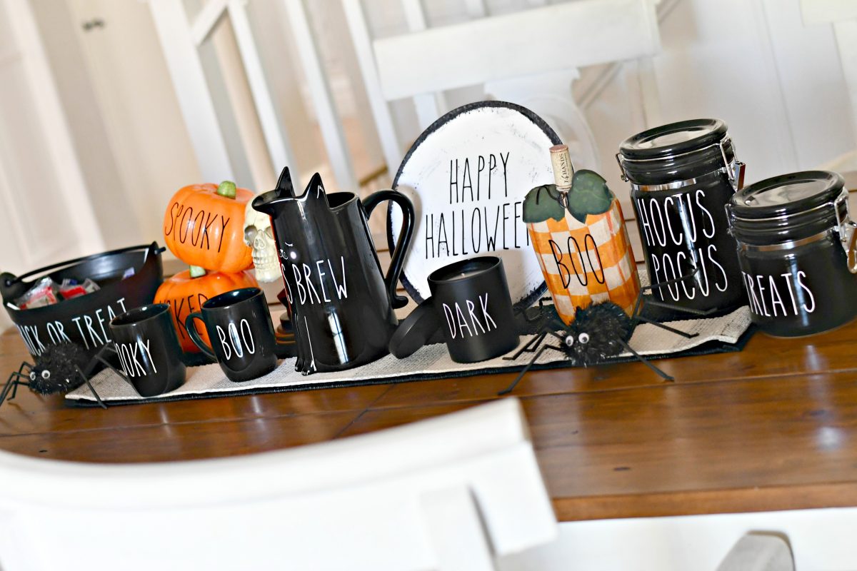 DIY Rae Dunn Inspired Halloween Decorations – Decorating a table runner in the dining room