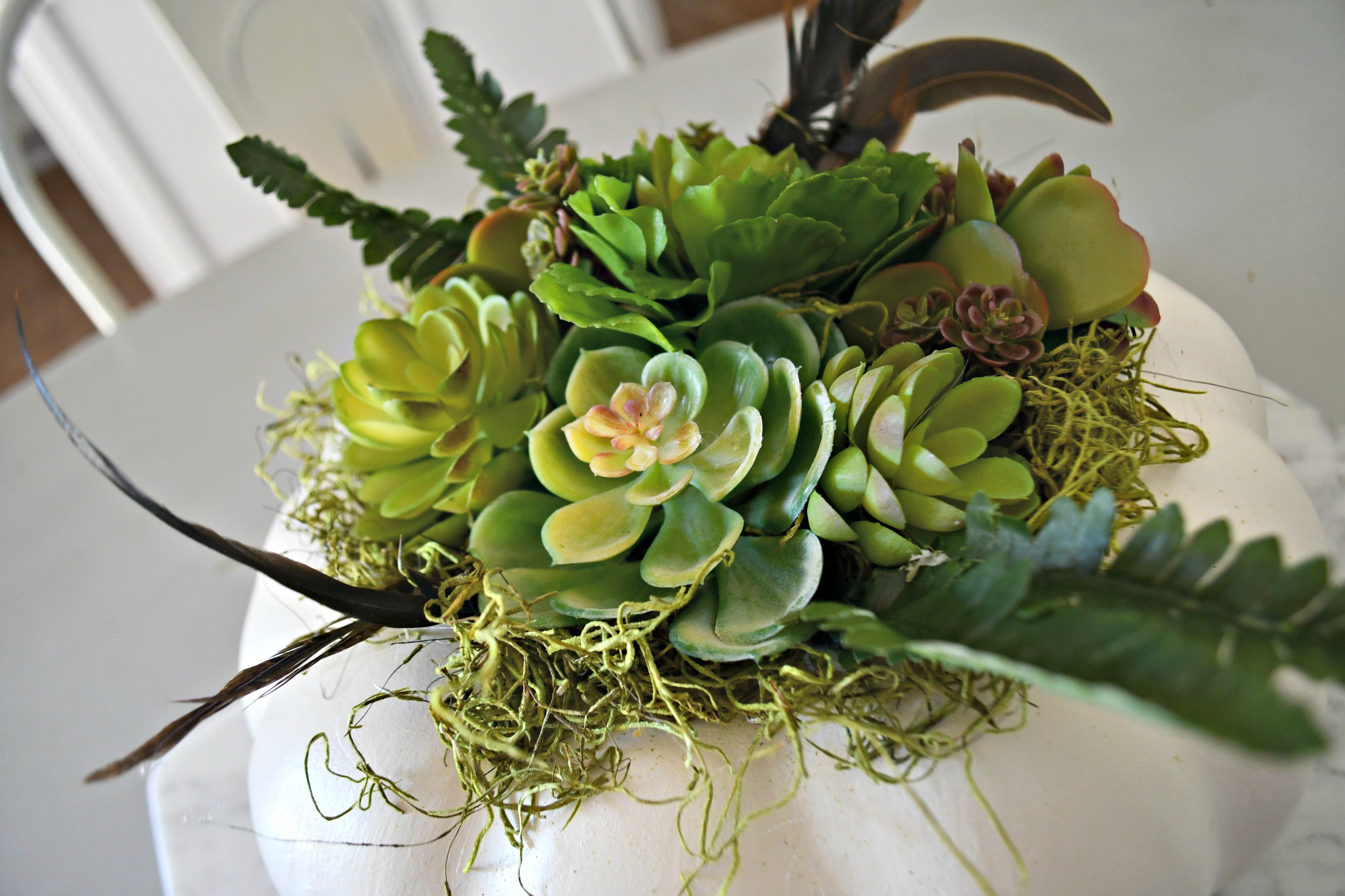 style your fall table with this DIY succulent centerpiece idea - here, closeup of the finished pumpkin