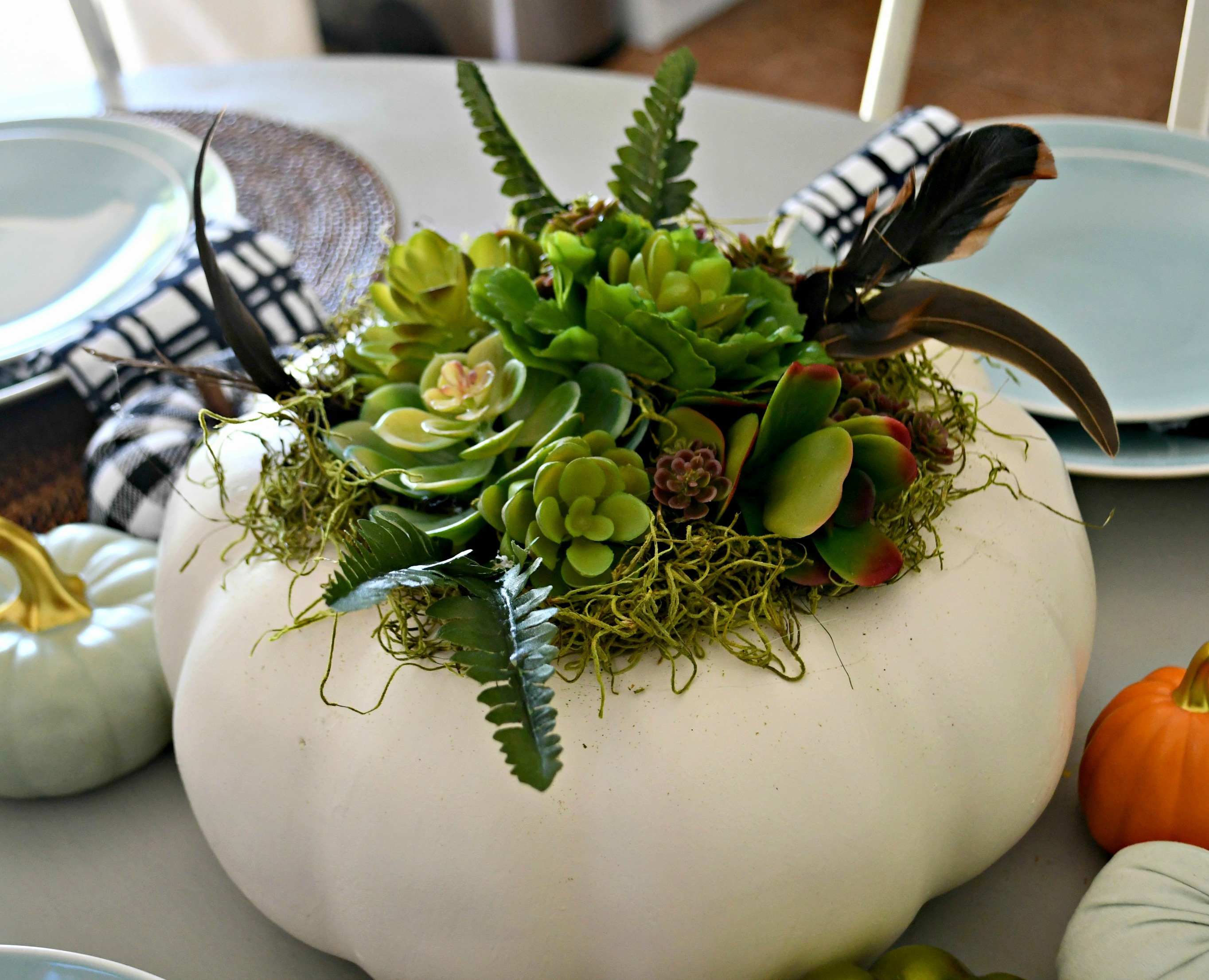 style your fall table with this DIY succulent centerpiece idea - here, a closeup of the finished pumpkin