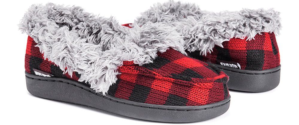 red and black plaid muk lucks with grey fur collar