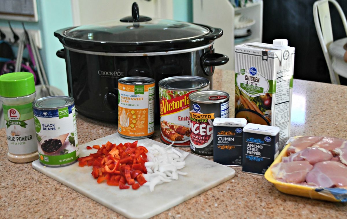 Slow Cooker Chicken Enchilada Soup – the ingredients on the counter