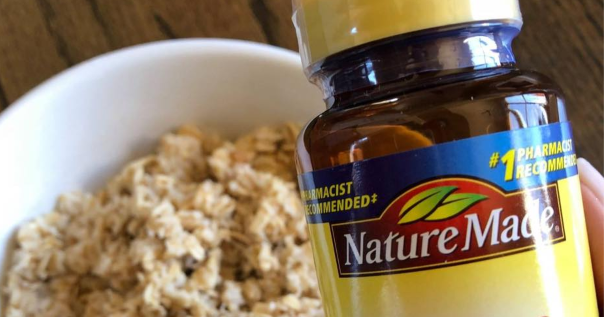 nature made vitamins with bowl of oats below