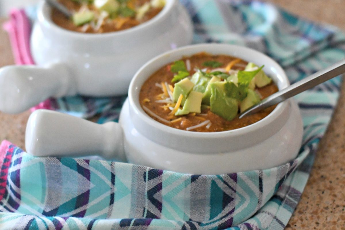 Slow Cooker Chicken Enchilada Soup – served in small bowls
