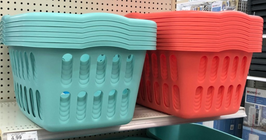 laundry baskets on shelf 