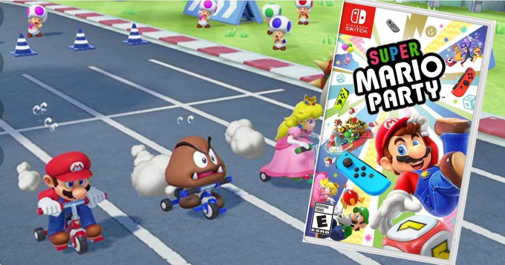 Super Mario Party game pay screen grab and game box cover