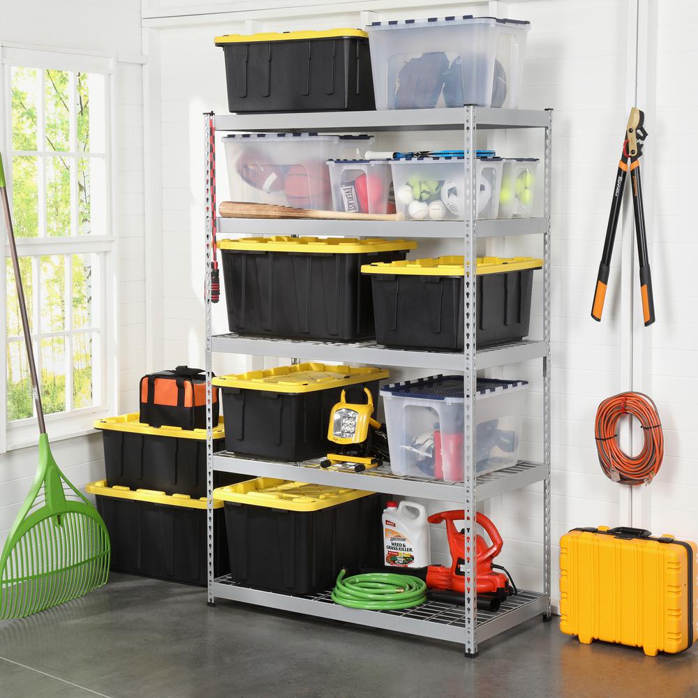 shelf in garage full of storage totes