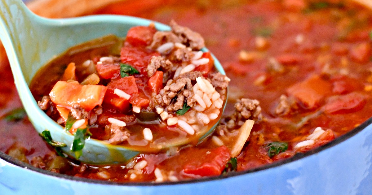 stuffed bell pepper soup in a ladle