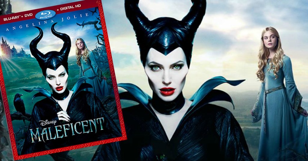 Maleficent Blue Ray Combo beside an image of the two main Characters, including Angelina Jolie