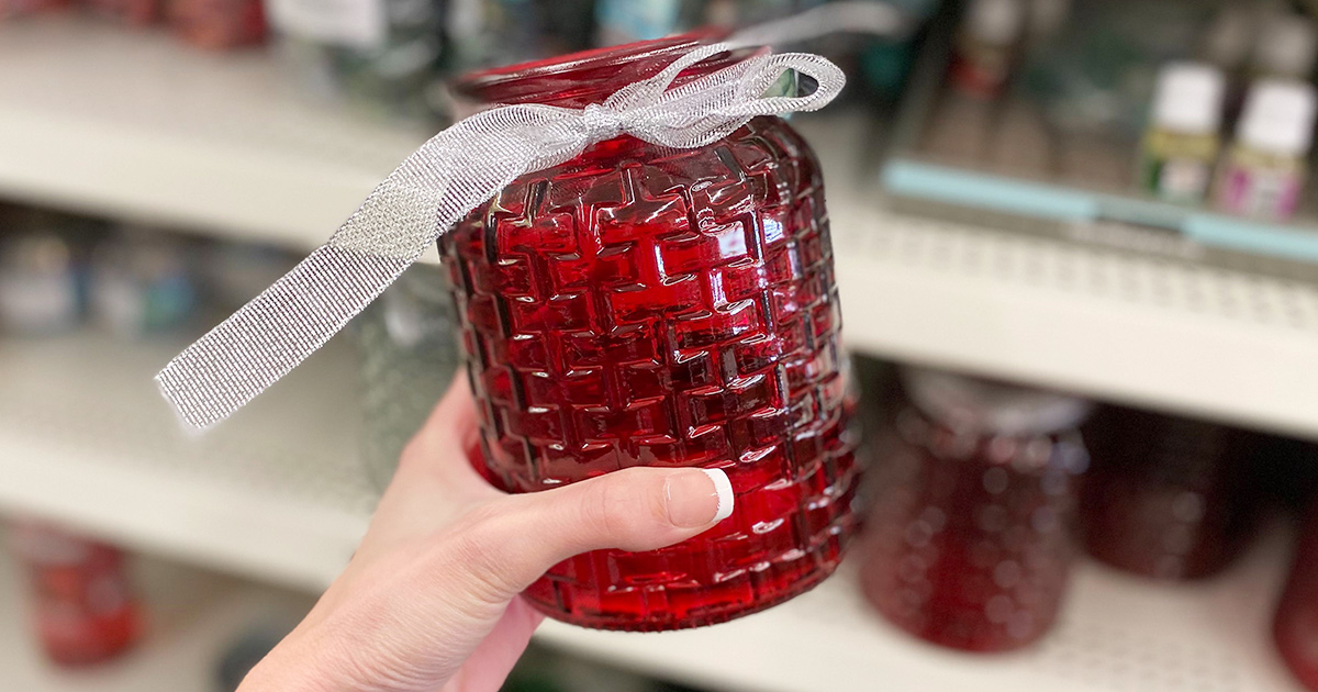 Red holiday candle holder from Dollar Tree buying small gifts for group