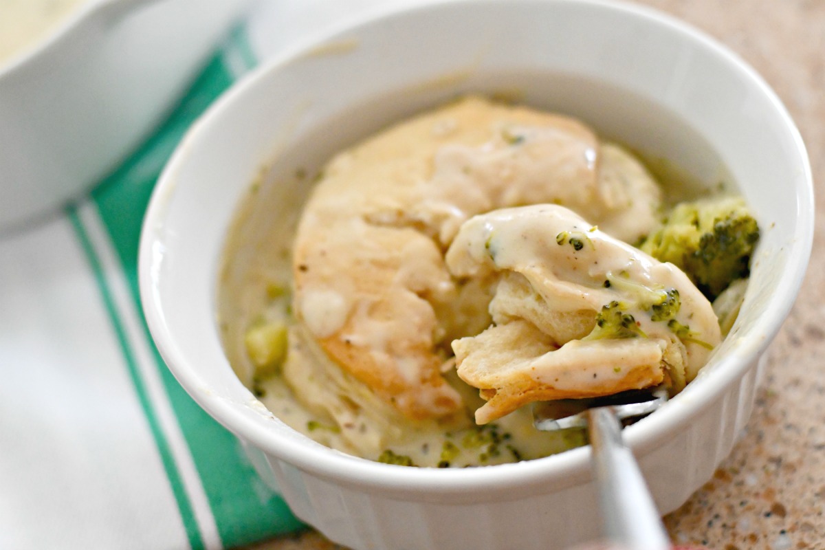 broccoli cheddar cobbler in a small serving ramekin