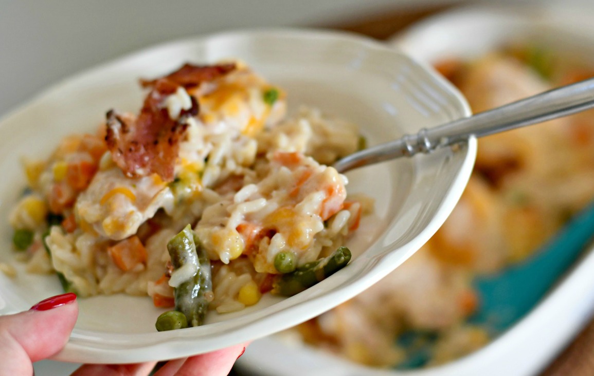 Cheesy Chicken Bacon and Rice Casserole – served on a plate