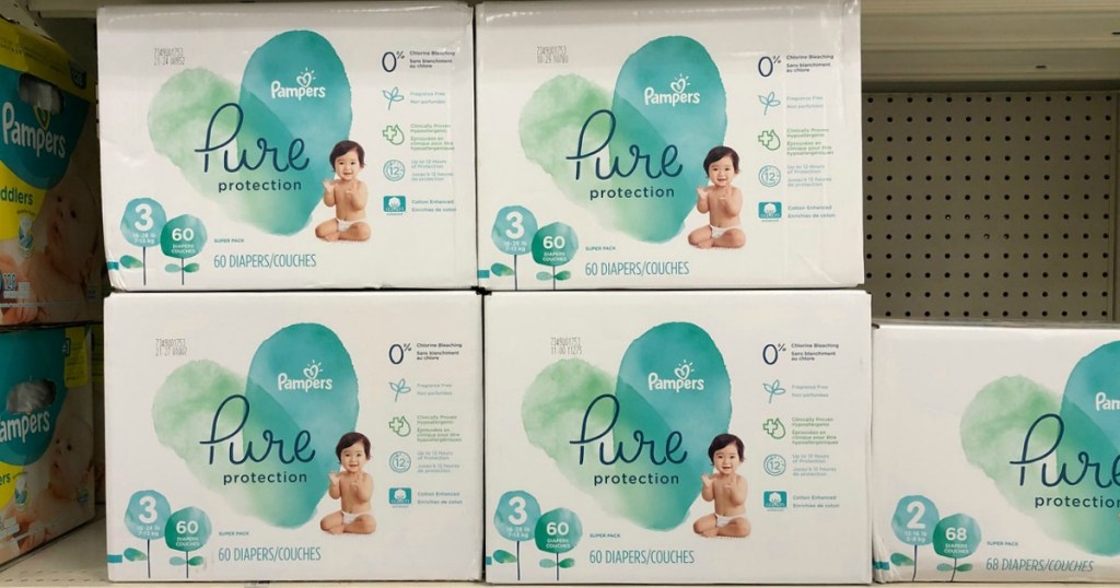 pampers pure diapers on shelf
