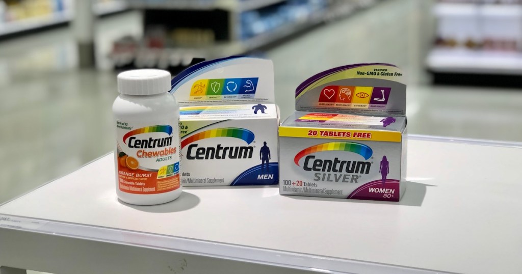 centrum vitamin on white counter 