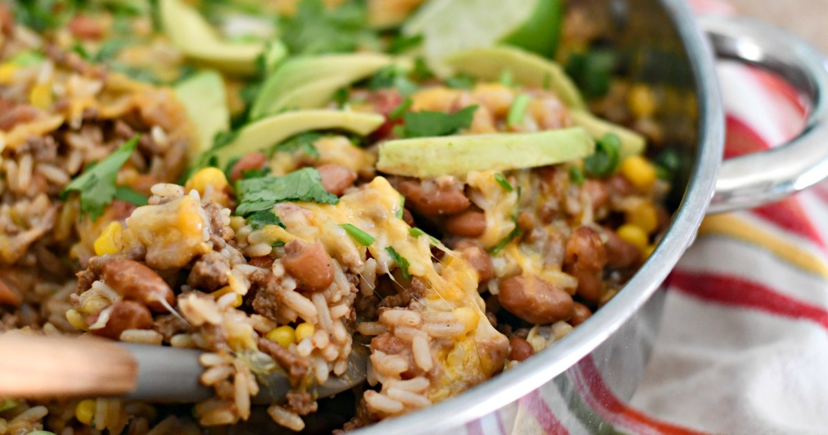 taco rice beans skillet casserole – cooked in the pan and ready to serve