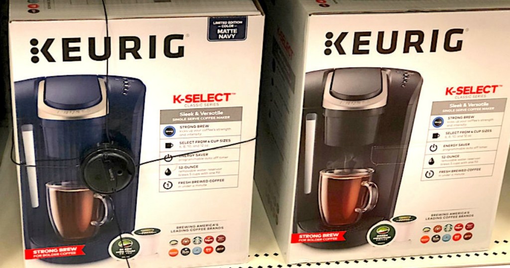 Keurig K-Select coffee makers in boxes displayed in-store