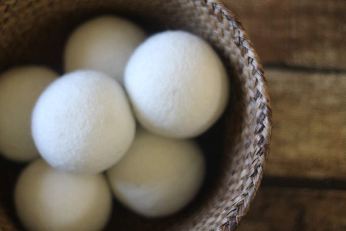 Wool dryer balls in a basket