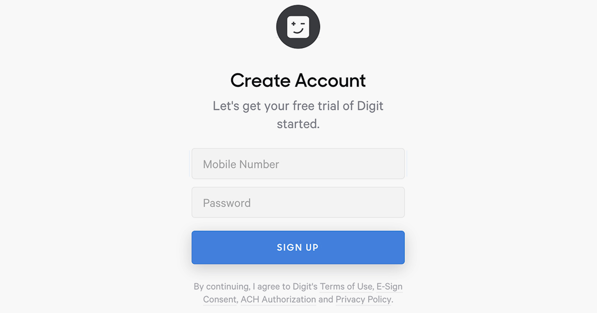 digit budgeting app save money — account sign up page on website
