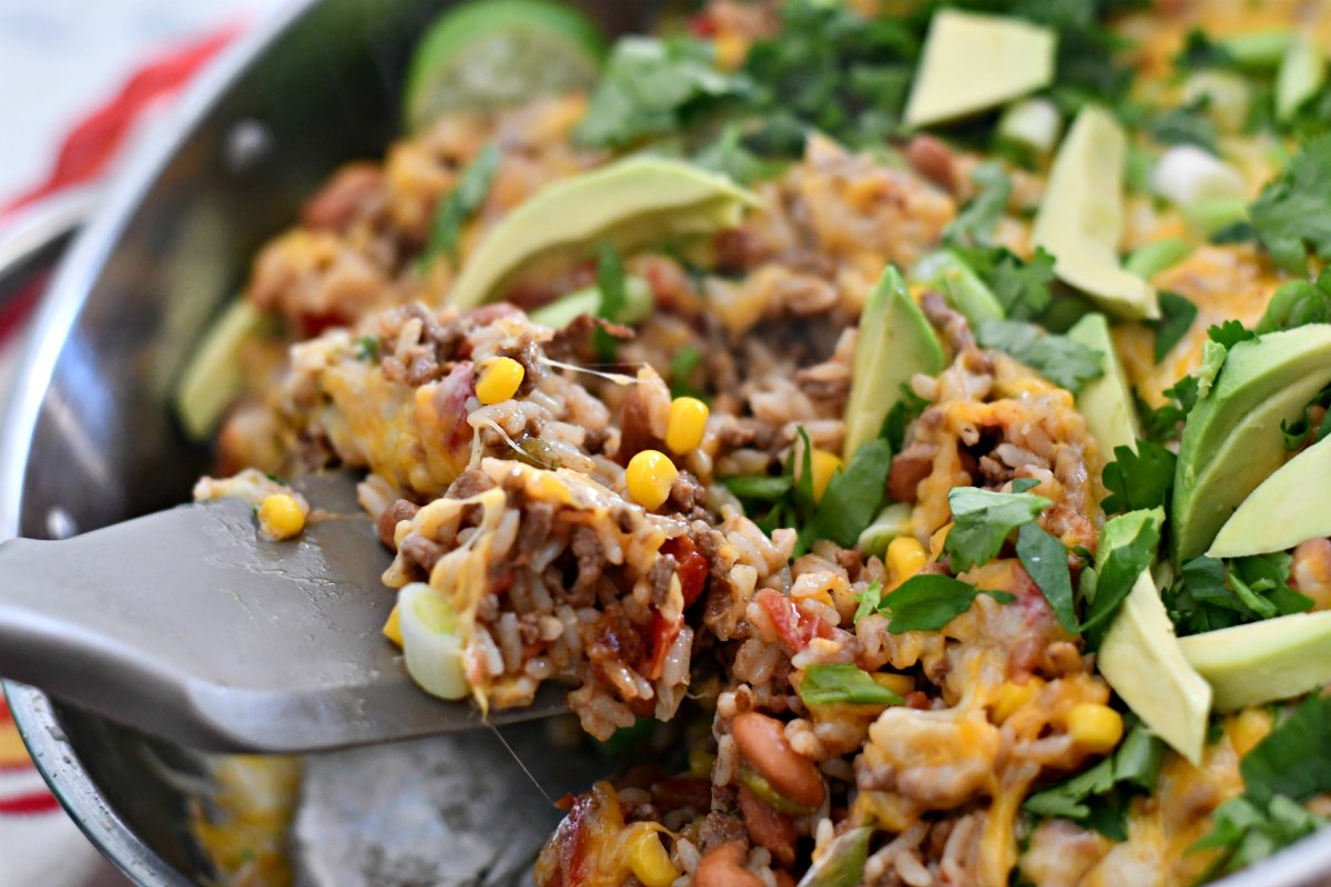 taco rice beans skillet casserole – serving up the cooked casserole