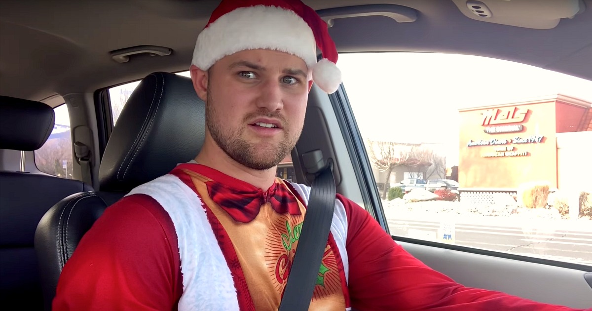 stetson deal shopping kohls video – stetson wearing santa onesie suit in the car