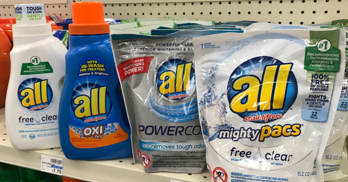 all laundry detergent on a shelf in a store