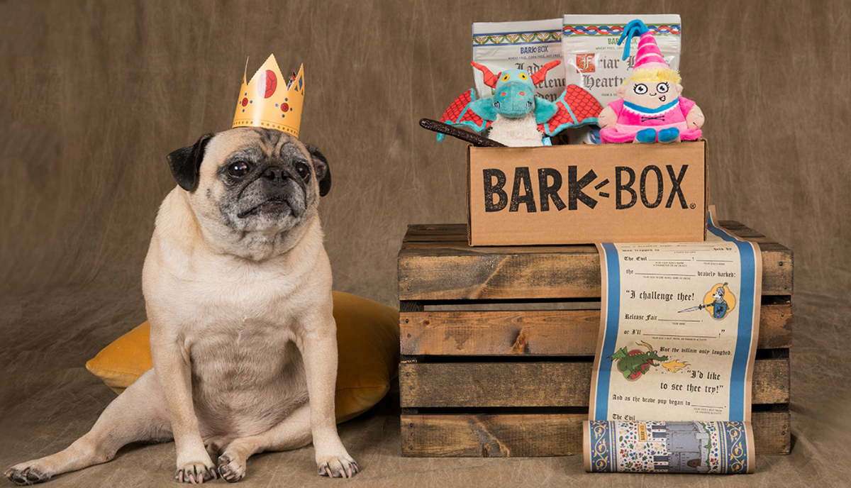 BarkBox subscription box next to a dog wearing a crown