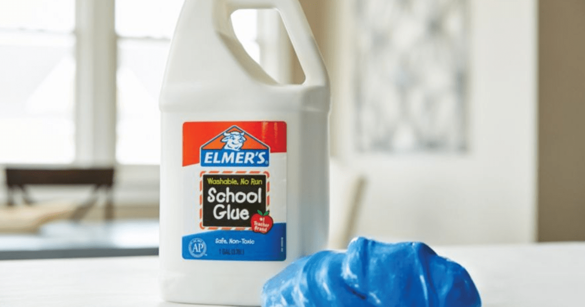 gallon jug of elmers school glue on a counter next to diy slime