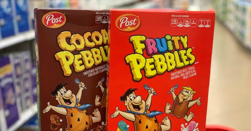 two boxes of Post Fruit Pebbles cereal