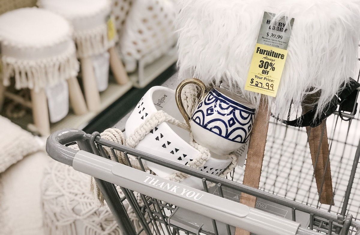 hobby lobby bohemian vibes fur stool, planter, and coffee mug