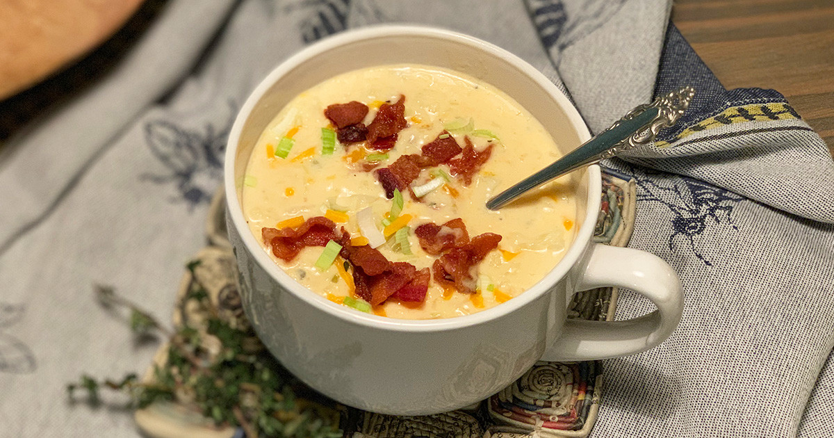 Hip2Save keto creamy cauliflower soup recipe - up close image of the recipe in a mug