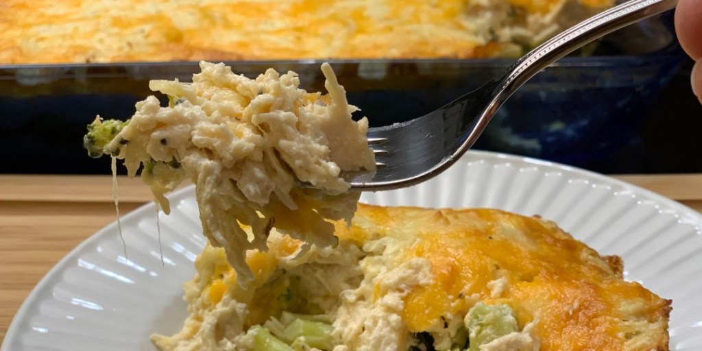fork taking bite of chicken broccoli casserole 