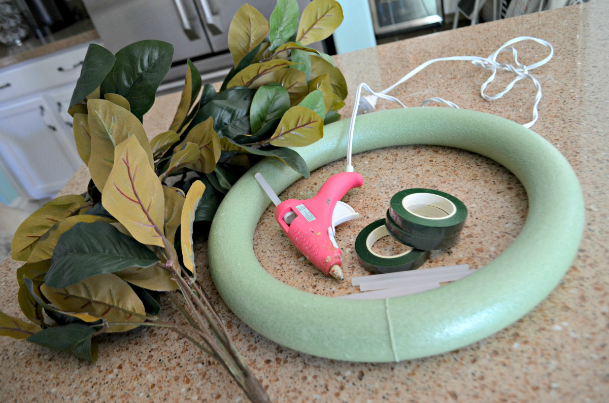 diy magnolia wreath using dollar tree foam