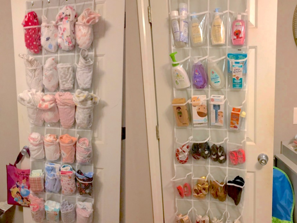 Plastic shoe organizers over doors with various baby blankets shoes and personal care items