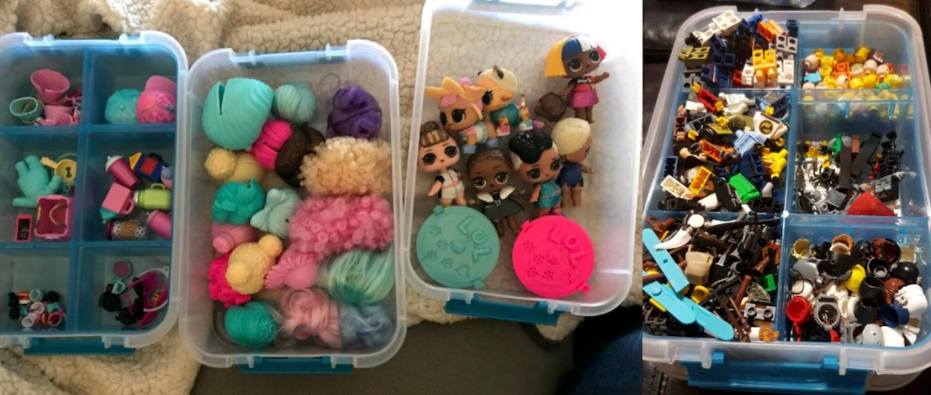 plastic containers with small doll toys and legos inside