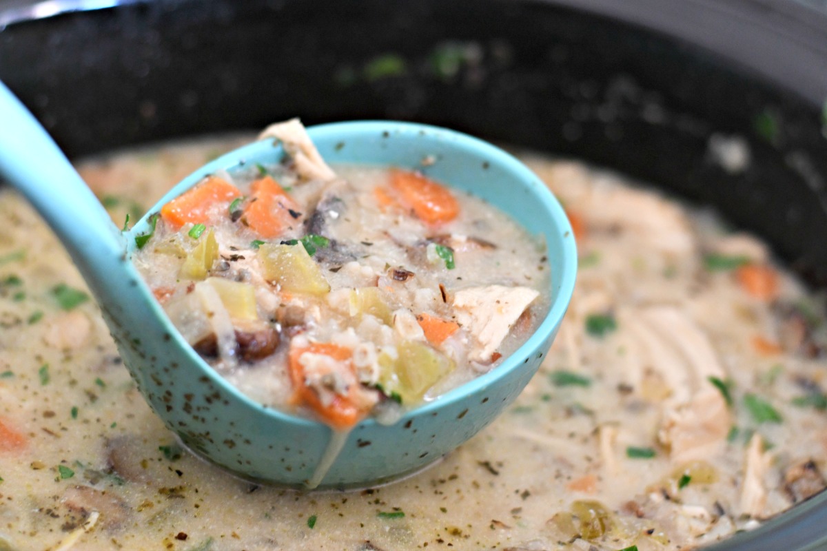 wild rice soup in a ladle