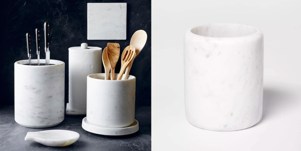 side-by-side of williams sonoma marble utensil holder vs threshold marble utensil holder