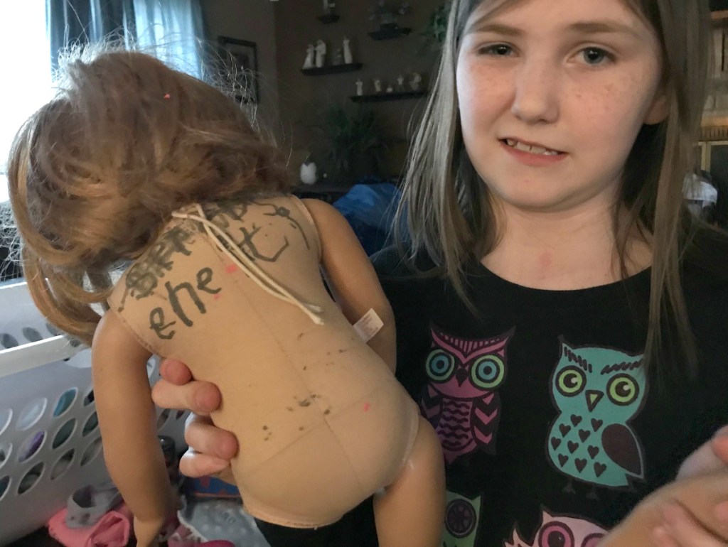 American Girl doll with drawn on body