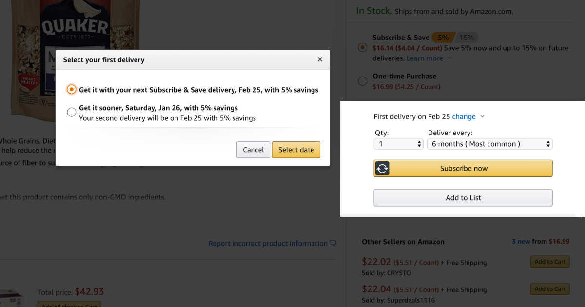 Screen shot of Amazon subscribe and save delivery options with quaker oats in the background