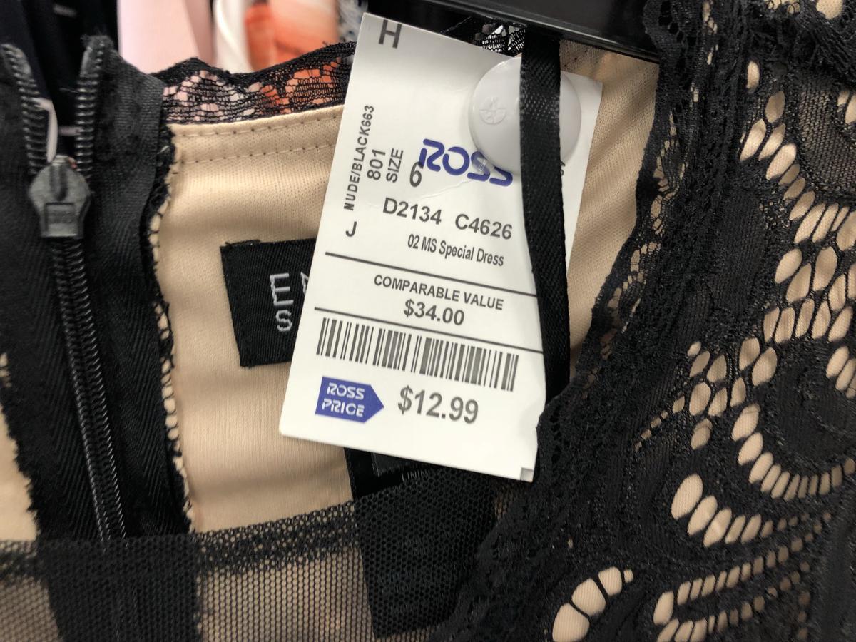 Ross prom dress label showing "comparable value" pricing