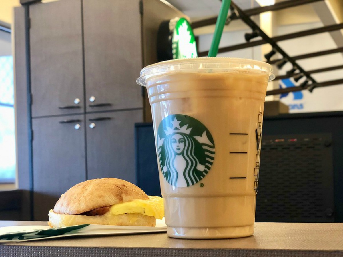 Starbucks breakfast sandwich and coffee